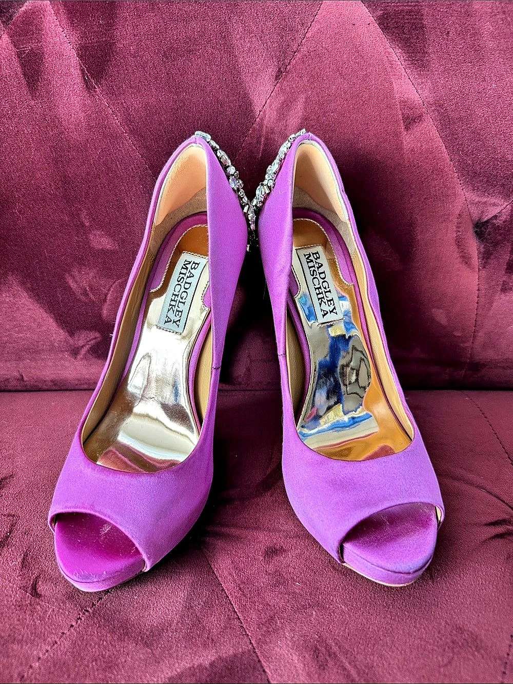 Badgley Mischka Peep Toe Embellished Heels in Purple